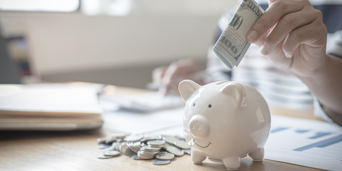 Person saving cash in a white piggy bannk