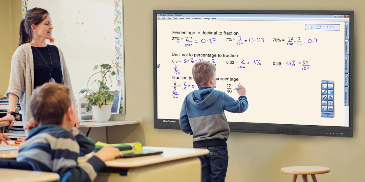 Student solves math equation on OneScreen interactive touchscreen