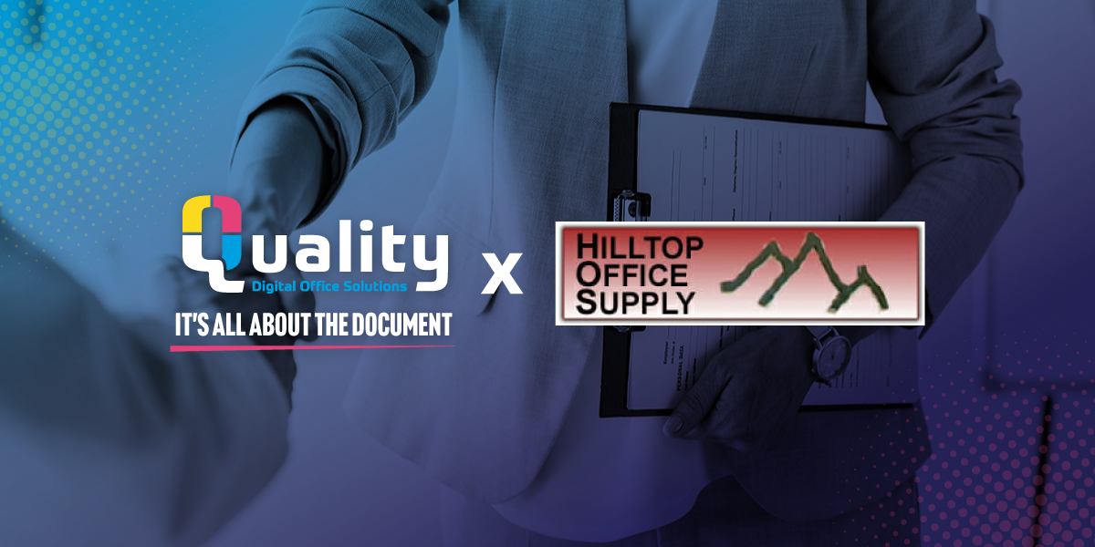 QualityDOS logo and Hilltop logo with background of two people shaking hands