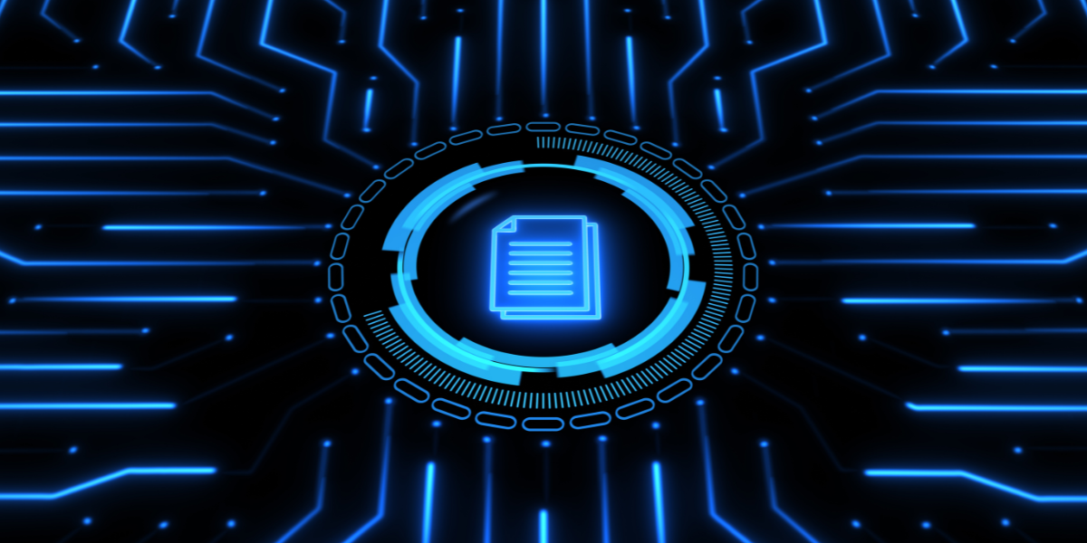 Document management strategy depicted as glowing cyber document icon